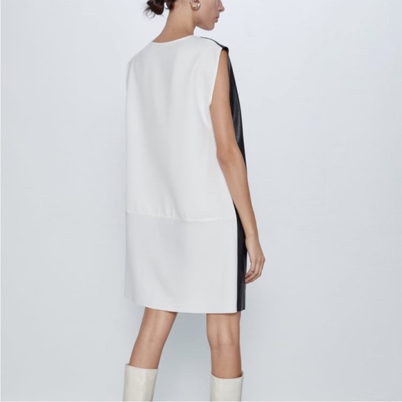 ZARA Color Block Knee-length Cowl Neck Dress White Ecru Black Blue Sleev… - Picture 6 of 16